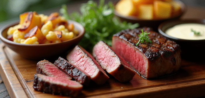 Entrecôte grillée tranchée sur planche en bois rustique