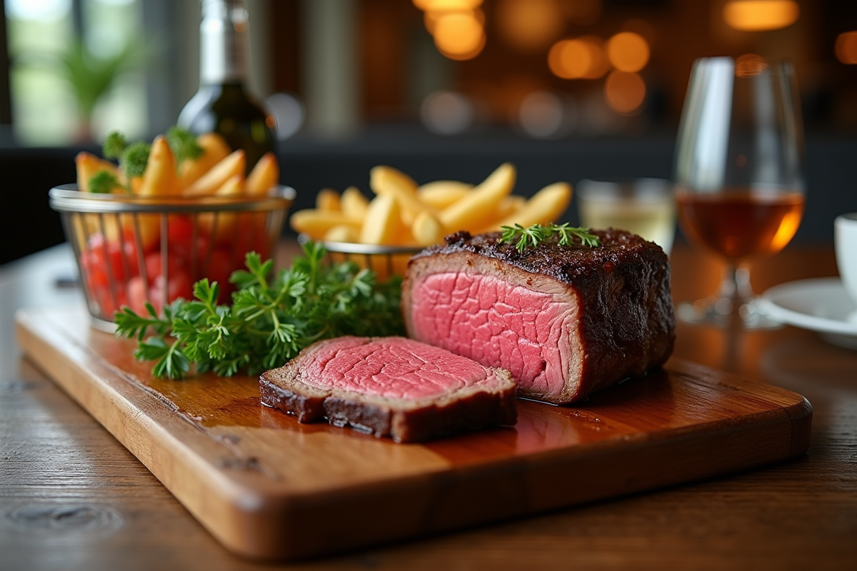 Côte de bœuf tranchée sur planche en bois dans un restaurant à Rennes