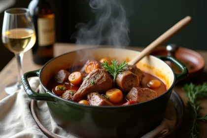 Cocotte en fonte rustique avec couilles de mouton mijotées au vin blanc, lardons croustillants et oignons caramélisés sur table en bois