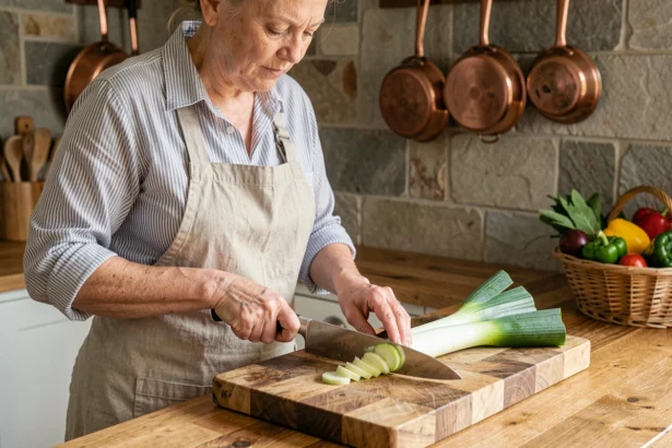Femme coupant des poireaux en rondelles fines sur une planche à découper en bois dans une cuisine rustique