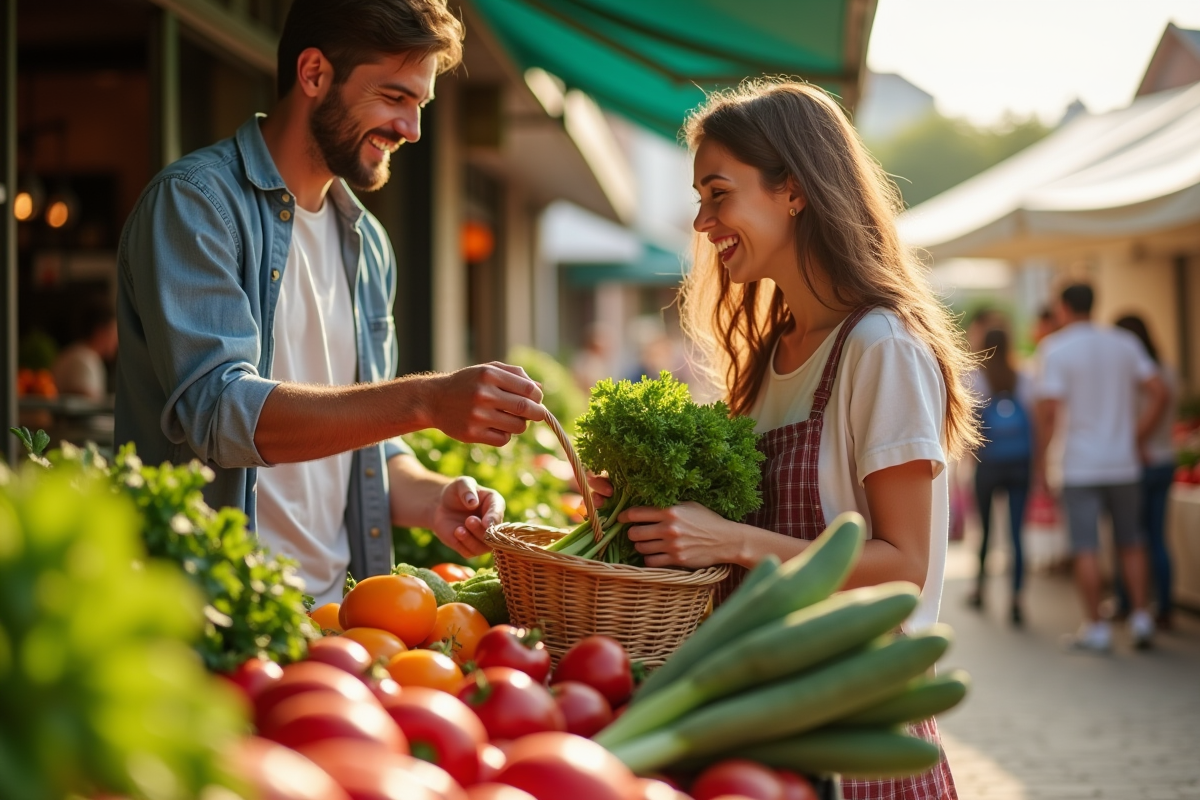 Jeune couple achetant des légumes bio au marché local