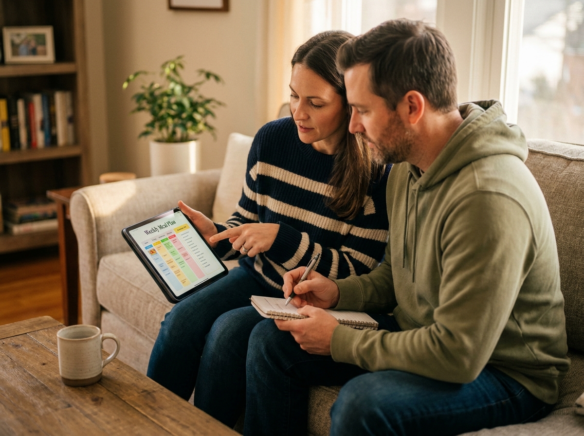 Couple planifiant ses repas de la semaine ensemble sur une tablette avec une application de courses en ligne, assis dans un salon cosy