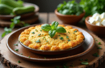 Gâteau de courgette doré sur assiette en céramique rustique