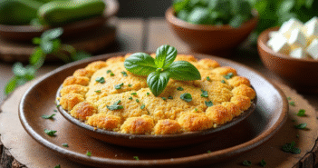 Gâteau de courgette doré sur assiette en céramique rustique