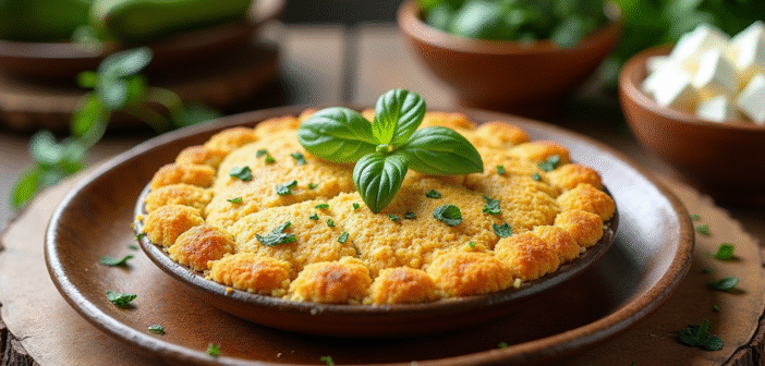 Gâteau de courgette doré sur assiette en céramique rustique