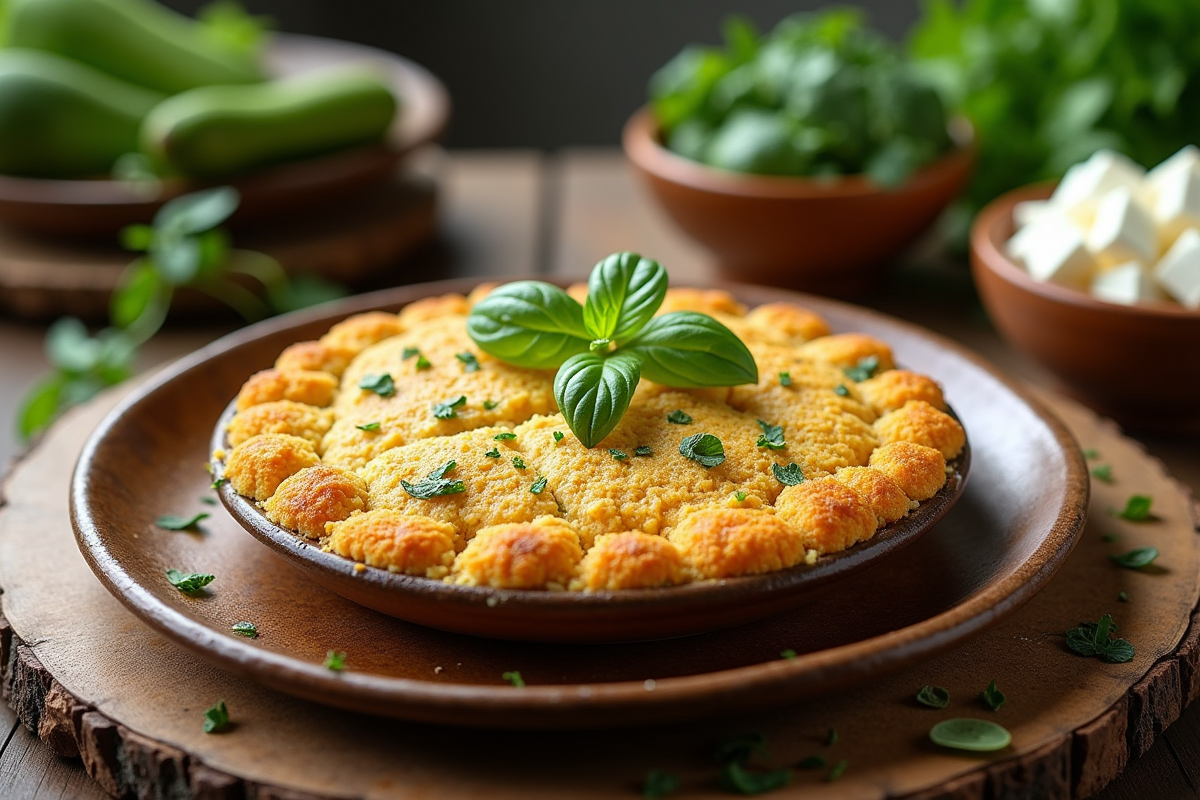 Gâteau de courgette doré sur assiette en céramique rustique