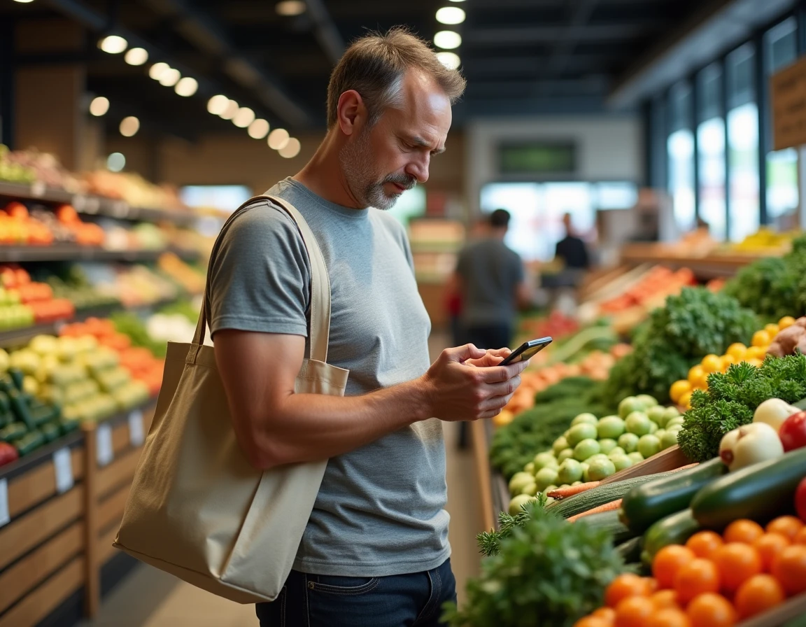 Homme faisant ses courses en suivant un menu familial sain, choisissant des légumes frais et de saison au marché