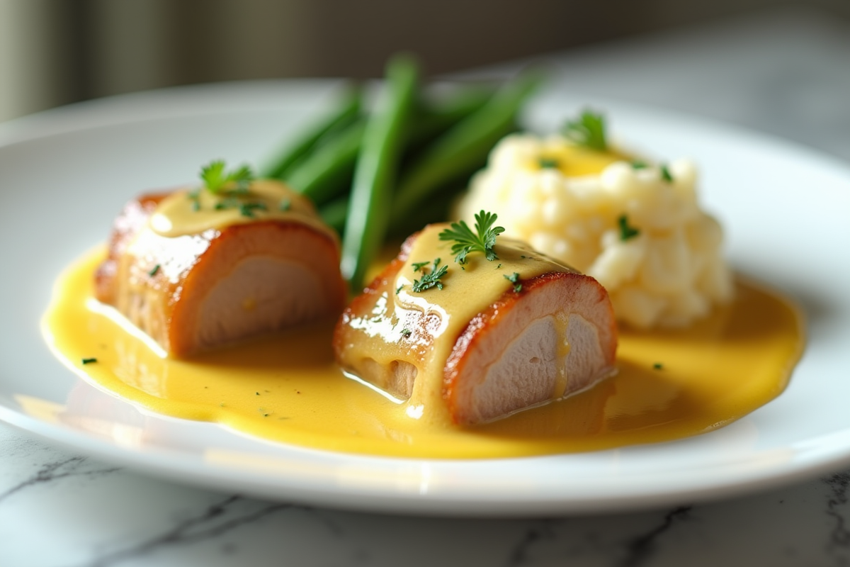 Côte de lapin en sauce moutarde avec purée et haricots verts