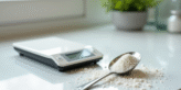 Cuillère à sucre en inox avec sucre fin sur plan de cuisine
