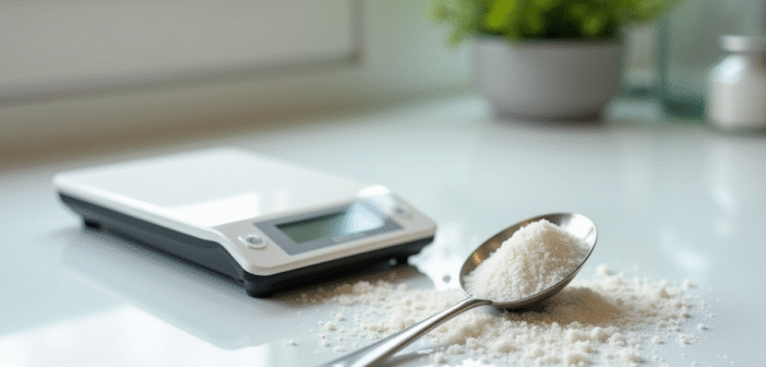 Cuillère à sucre en inox avec sucre fin sur plan de cuisine