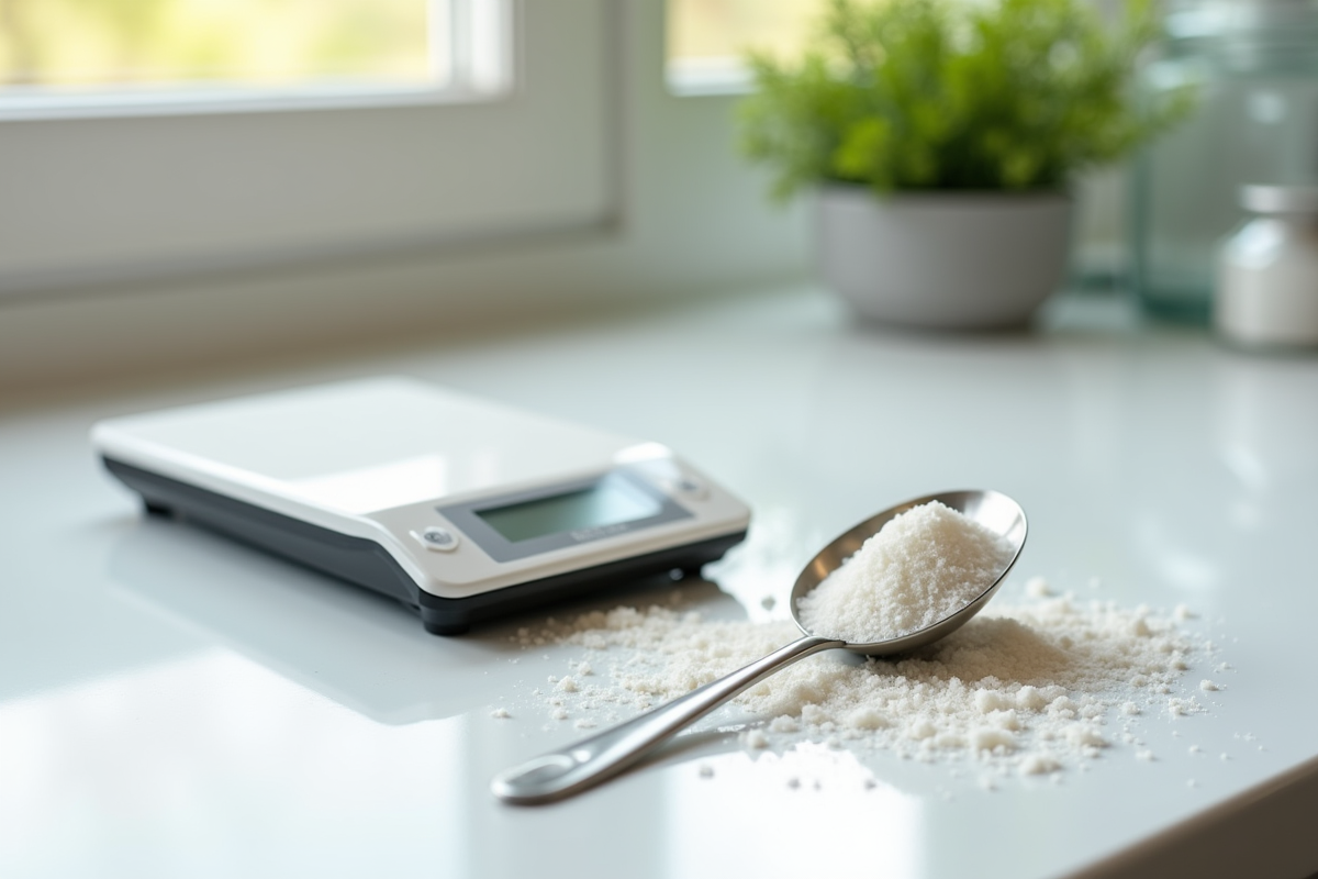 Cuillère à sucre en inox avec sucre fin sur plan de cuisine