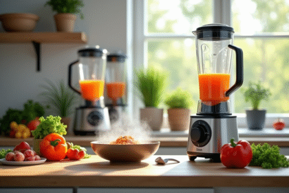 Plan d'une cuisine moderne avec blenders et soupe de légumes