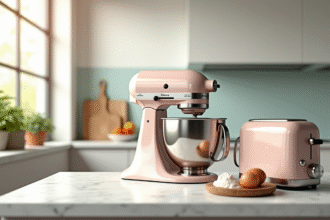 Plan de travail moderne avec mixeur KitchenAid neuf et grille-pain