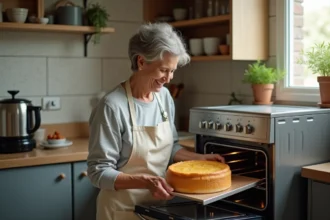 Femme souriante sortant un gâteau doré du four dans la cuisine