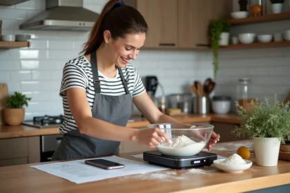 Jeune femme pèse de la farine dans une cuisine moderne