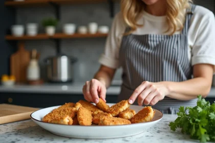 Femme préparant des tenders de poulet dorés dans une cuisine chaleureuse