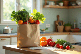 Cuisine moderne avec sac réutilisable rempli de fruits bio
