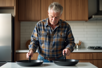 Homme d'âge moyen inspectant deux poêles dans une cuisine lumineuse