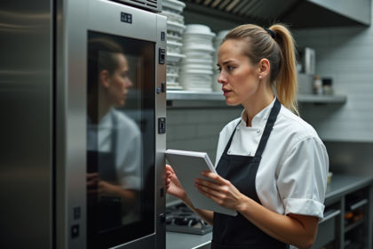 Femme cuisiniere en cuisine professionnelle avec four moderne