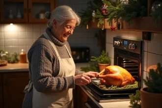 Femme d'âge mûr préparant un chapon doré dans la cuisine