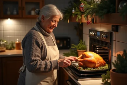 Femme d'âge mûr préparant un chapon doré dans la cuisine