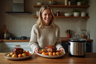 Femme servant un rôti de porc dans une cuisine chaleureuse