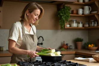 Femme cuisinant des endives dans une poêle en fonte sur une cuisinière à gaz dans une cuisine rustique française