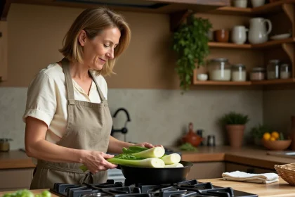 Femme cuisinant des endives dans une poêle en fonte sur une cuisinière à gaz dans une cuisine rustique française