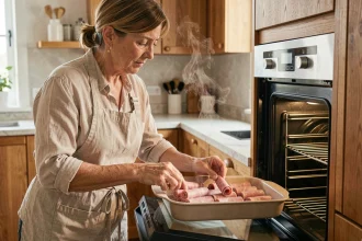 Femme plaçant des paupiettes de porc dans un plat allant au four, dans une cuisine française moderne