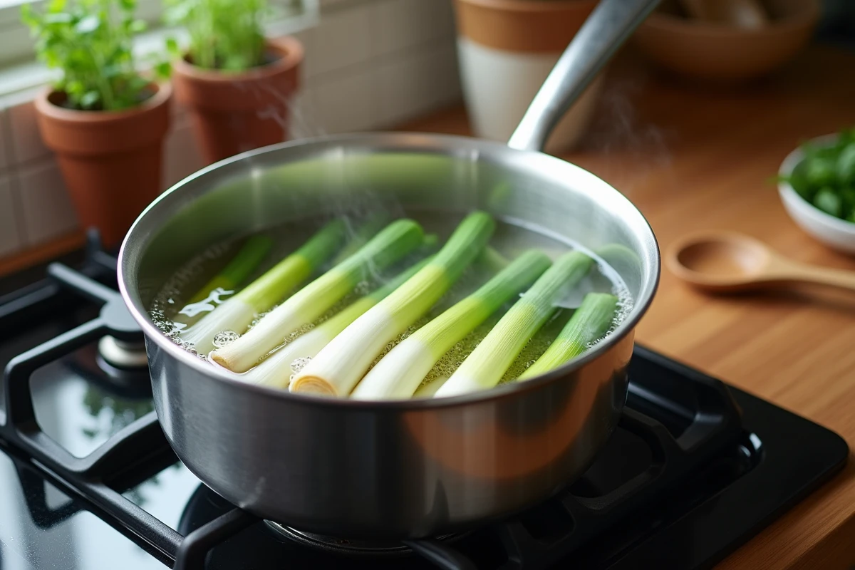 Poireaux en train de cuire dans une grande casserole d'eau bouillante sur une cuisinière à gaz