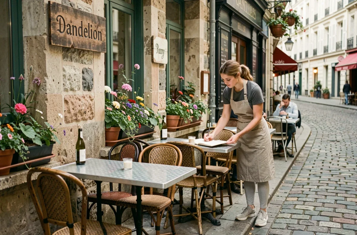 Terrasse du restaurant Dandelion dans le 20e arrondissement de Paris, avec des chaises dépareillées et une ambiance de quartier authentique