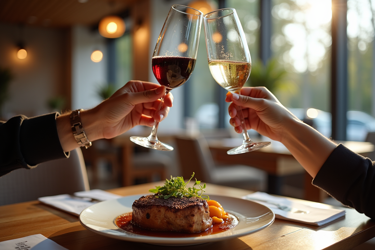 Deux personnes levant leurs verres de vin avec côte de bœuf en fond