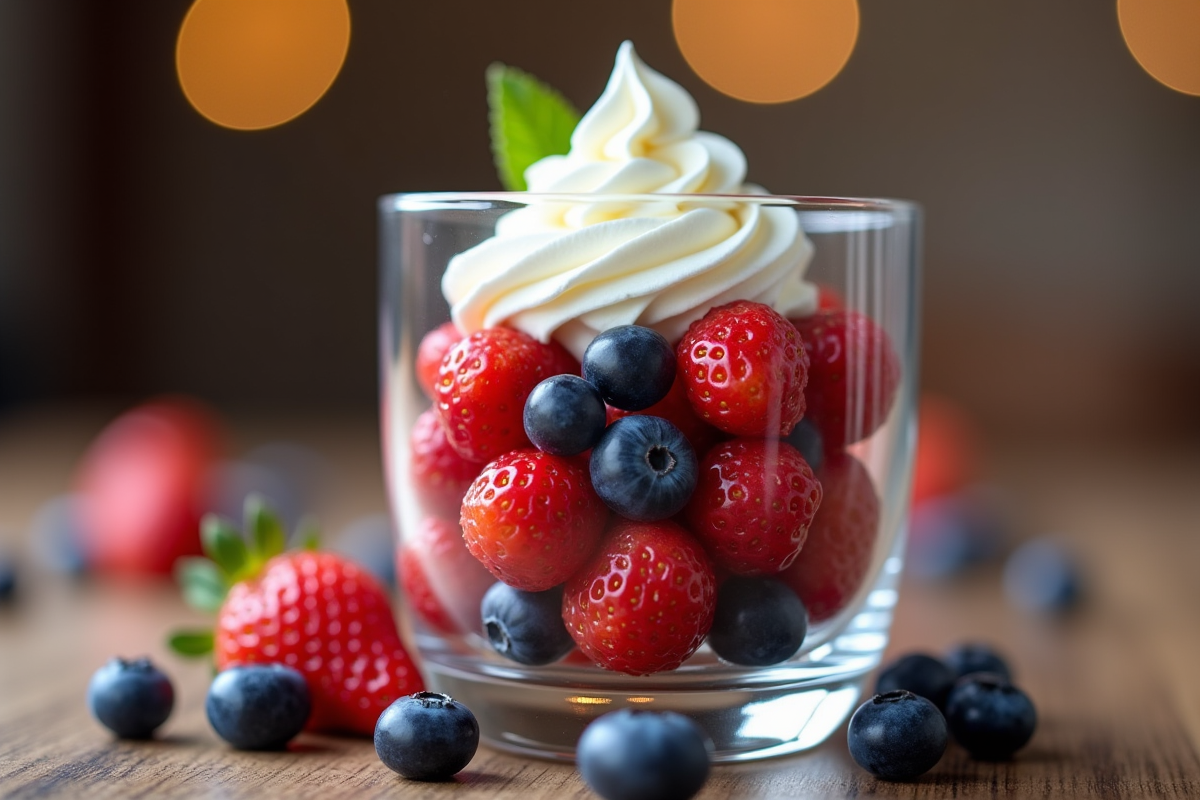 Creme fouettee sur fraises et myrtilles dans une coupe