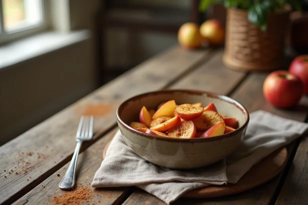 Bol en céramique rustique rempli de tranches de pommes caramélisées et saupoudrées de cannelle, posé sur une table en bois avec une serviette en lin