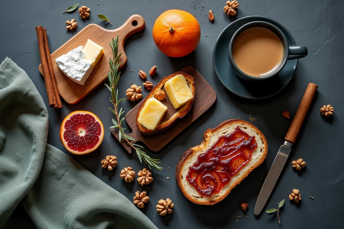 Détails gourmands d'un brunch d'hiver maison avec orange sanguine, brie, confiture de figue et café espresso sur fond en lin gris