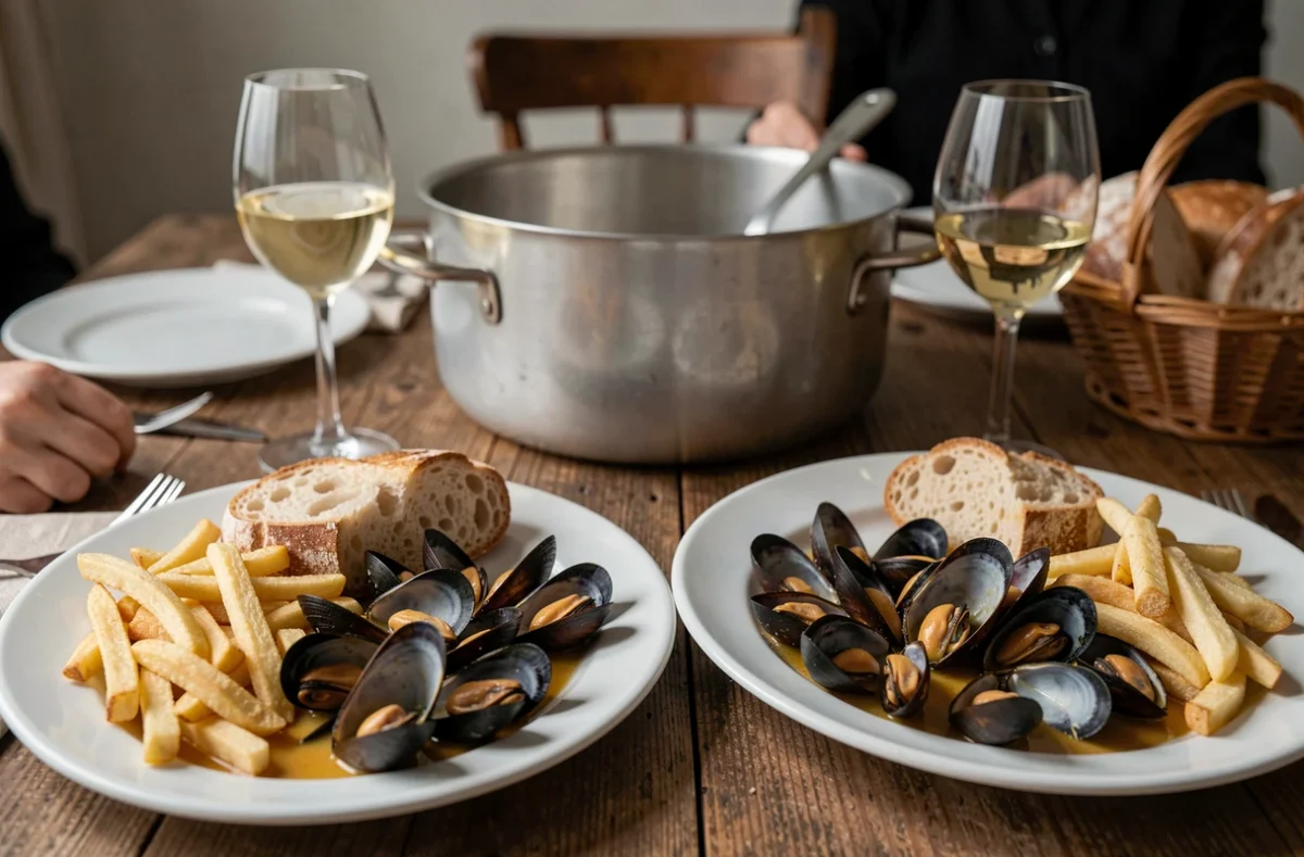 Deux assiettes de moules frites maison dressées sur une table familiale montrant la portion idéale de moules par personne pour un repas convivial réussi