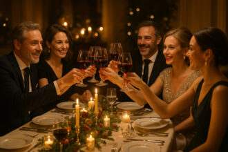 Photo hyperrealiste d'une soirée élégante avec toast au vin rouge