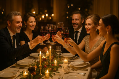 Photo hyperrealiste d'une soirée élégante avec toast au vin rouge