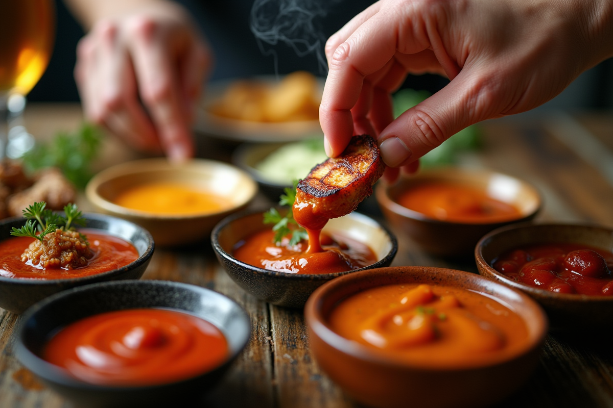 Mains trempant de la viande dans des sauces lors d
