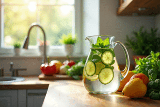 Verre d'eau detox infusée avec concombre citron et menthe sur plan de travail
