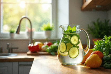 Verre d'eau detox infusée avec concombre citron et menthe sur plan de travail