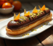 Éclair au chocolat avec feuille d or et agrumes sur une assiette