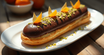 Éclair au chocolat avec feuille d or et agrumes sur une assiette