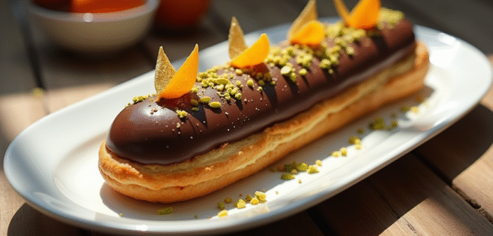 Éclair au chocolat avec feuille d or et agrumes sur une assiette
