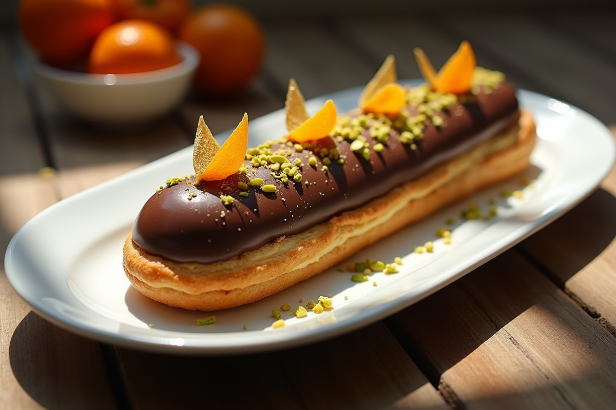 Éclair au chocolat avec feuille d or et agrumes sur une assiette