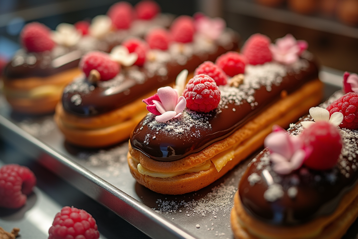 Vitrine avec éclairs au chocolat garnis de framboises et fleurs comestibles