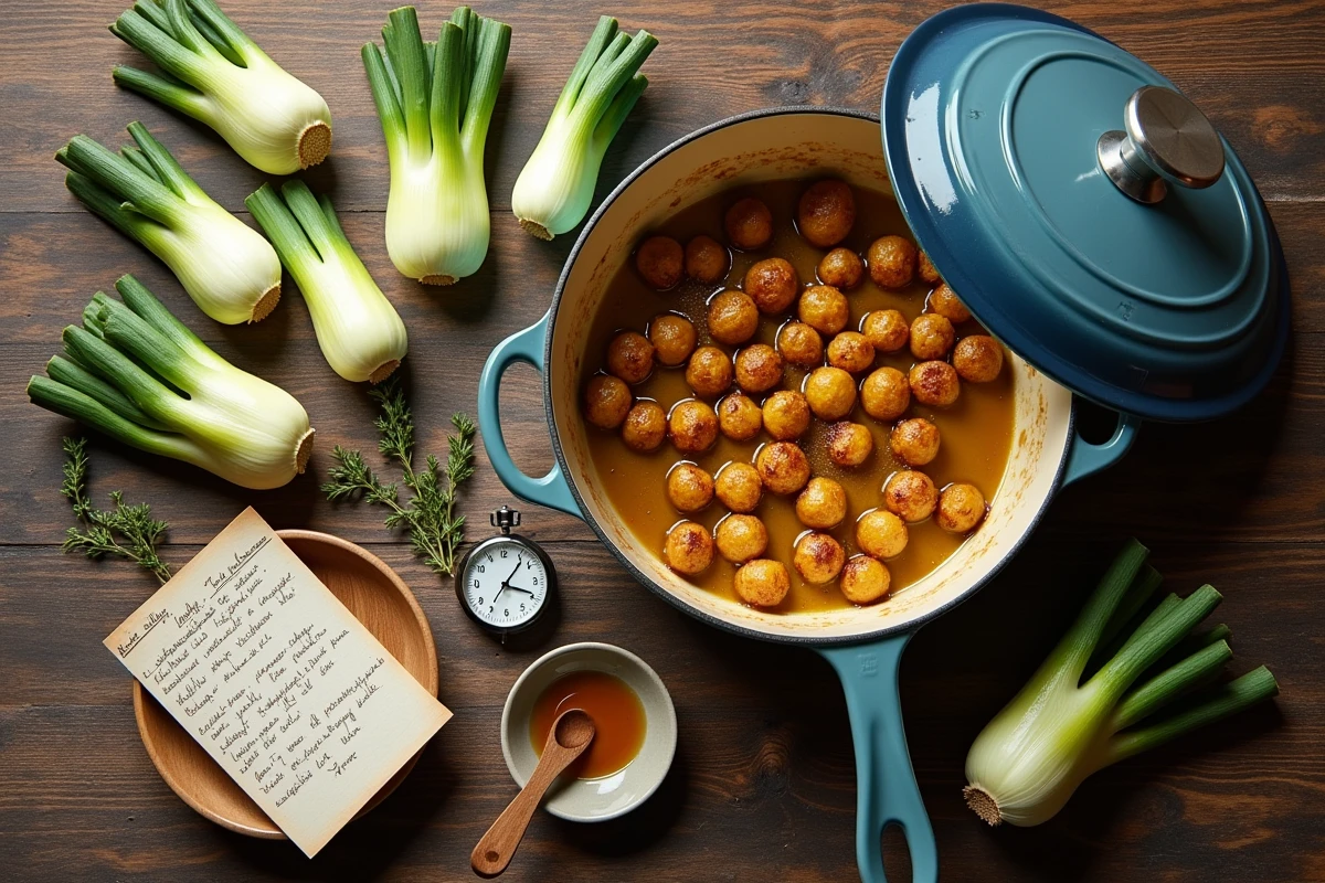 Vue aérienne d'endives braisées dans une cocotte en fonte sur une table en chêne avec une fiche recette manuscrite