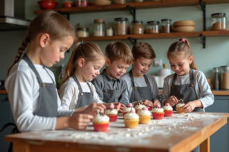 Enfants décorant des cupcakes dans une cuisine moderne