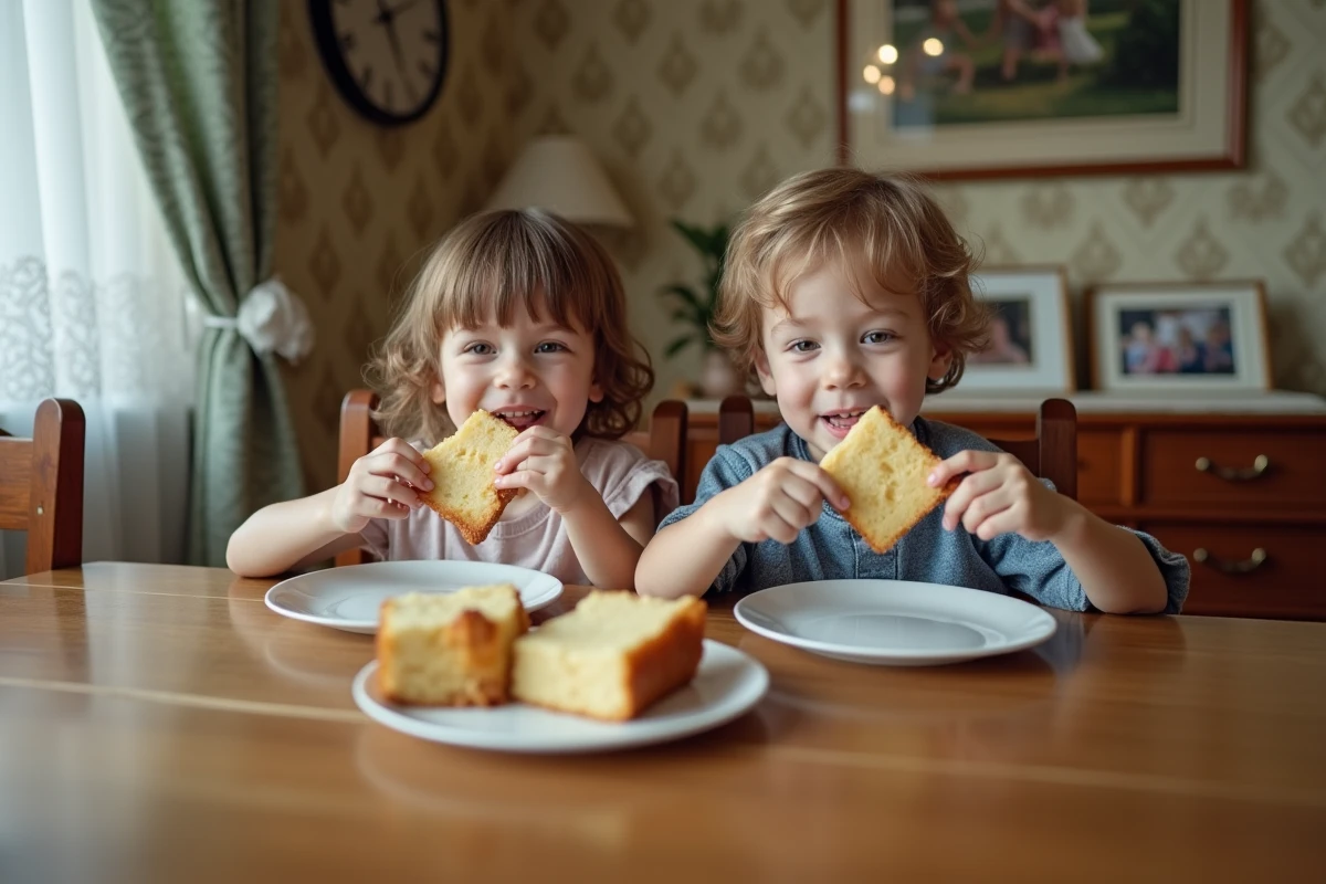 Deux enfants dégustant des parts de gâteau aux poires à la table