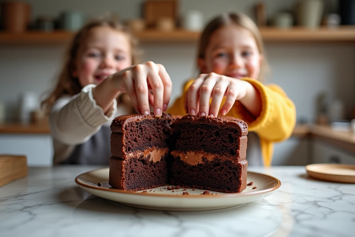 Enfants partageant un gâteau au chocolat maison